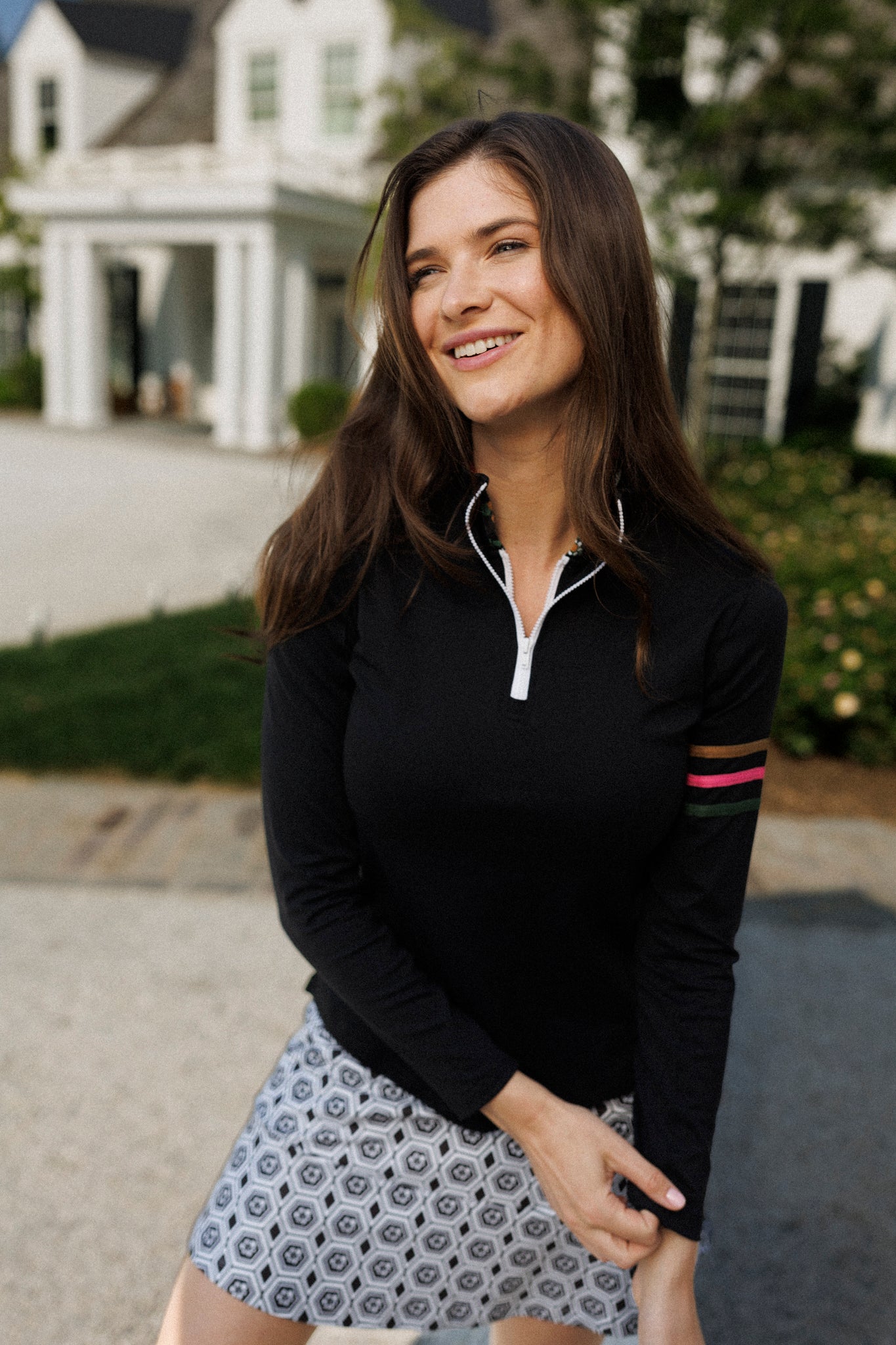 The Ava 1/4 Zip - Black with Pink & Green Stripe